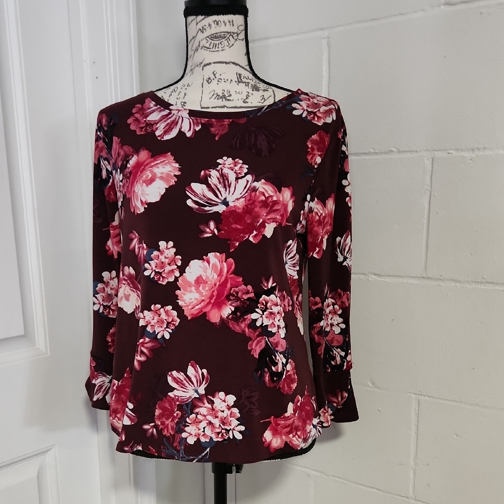 Elle Burgundy and Pink Floral Blouse Oversized XS